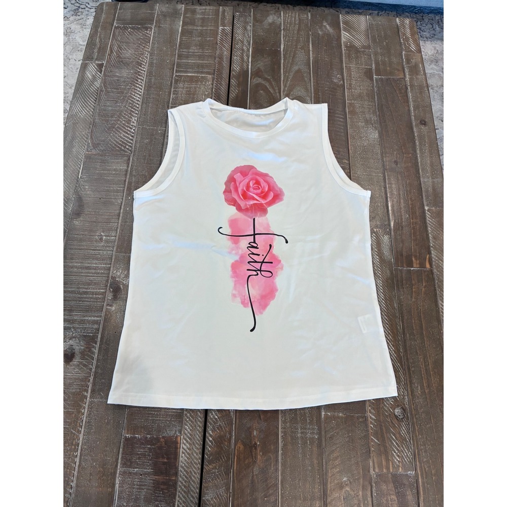 SHEIN Womens White Faith Rose Graphic Sleeveless Tank‎ Top Size S Pink Floral
